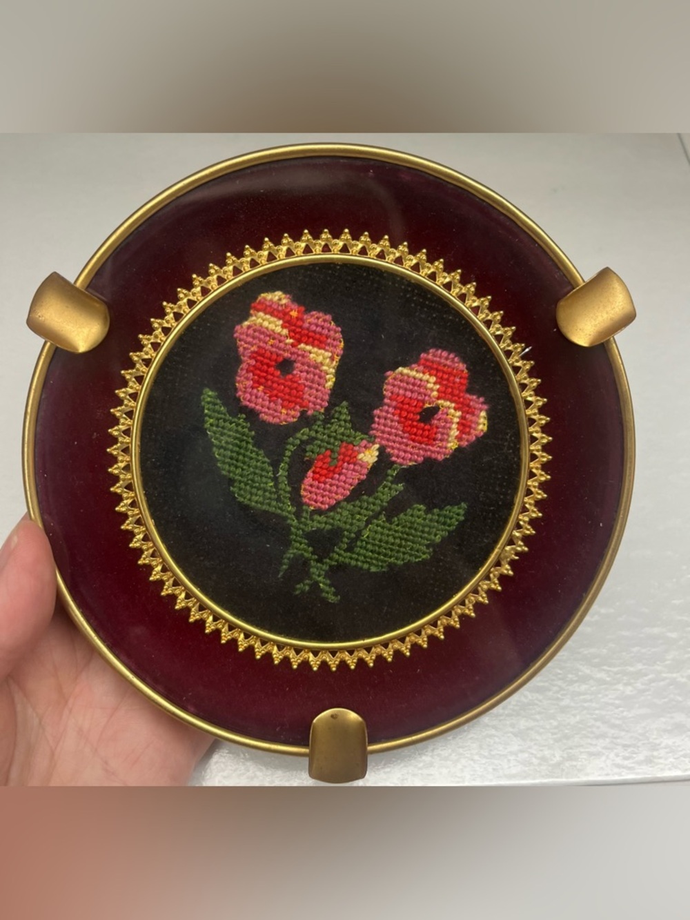 Vintage 6” Needlepoint Floral Ashtray - Brass & Velvet Trinket Dish